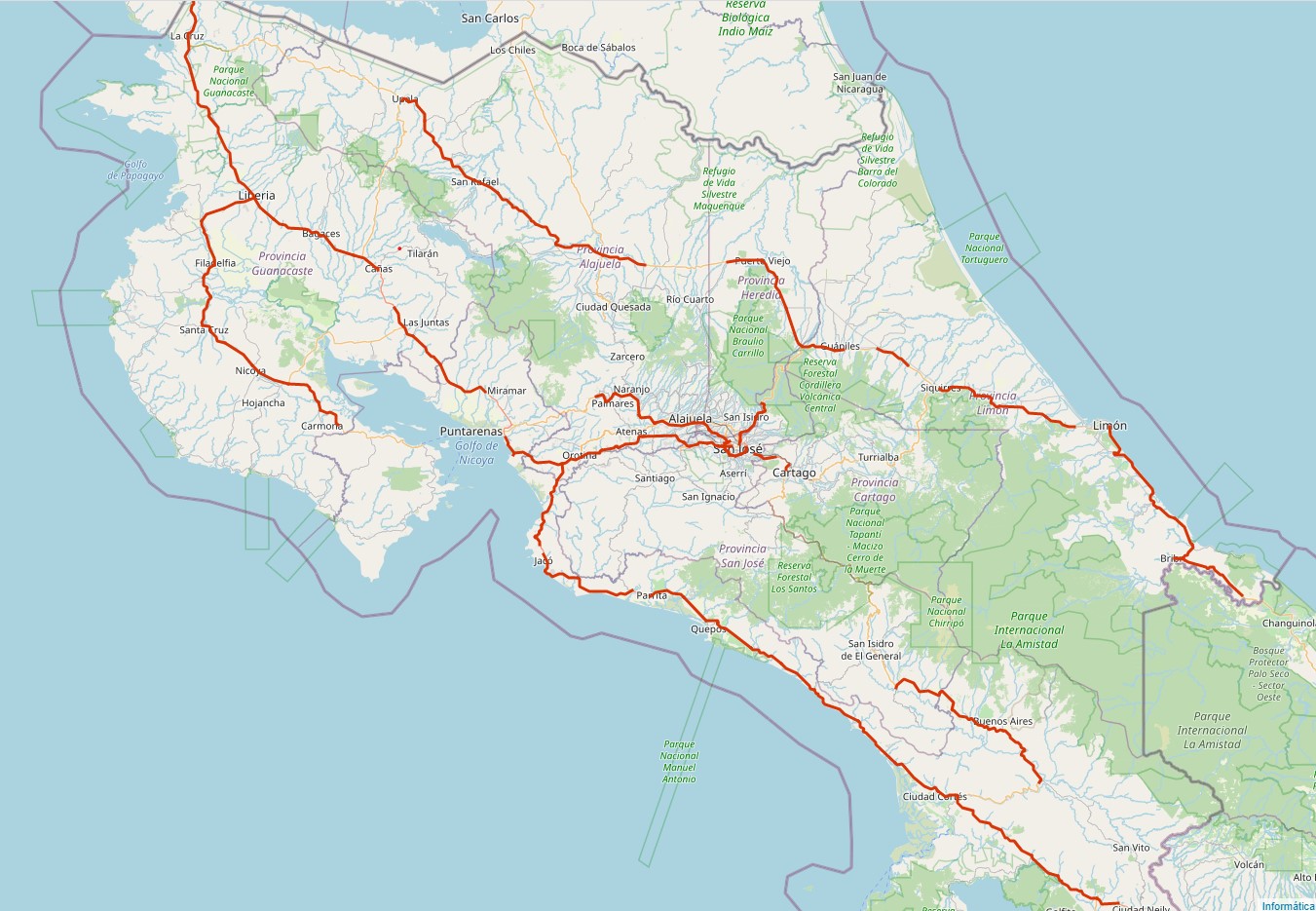 Costa Rica 80 kp/h routes in red